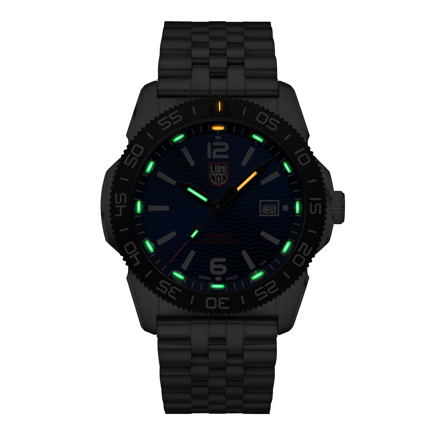 Black wristwatch with luminous markers on the dial and a metal link bracelet.
