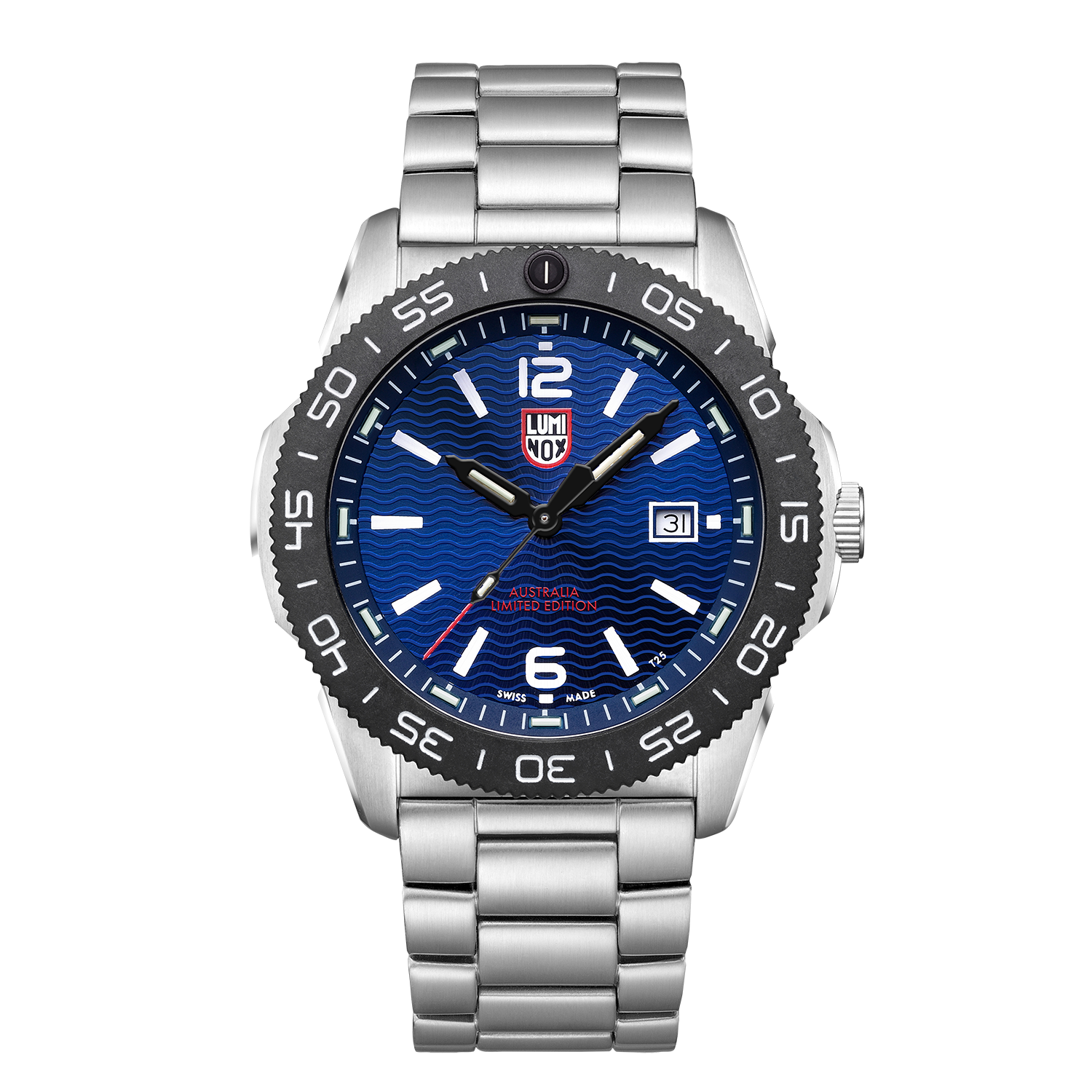 Stainless steel wristwatch with a blue dial and black bezel.