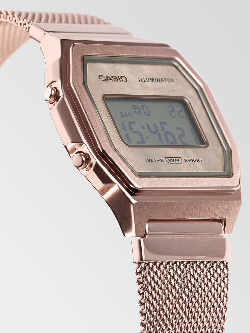 Casio Vintage Rose Gold Stainless Steel Mesh Band Watch A1000MPG 9E Watch Direct