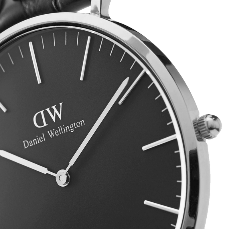 Sleek wristwatch with a black dial and silver case displaying the Daniel Wellington brand.