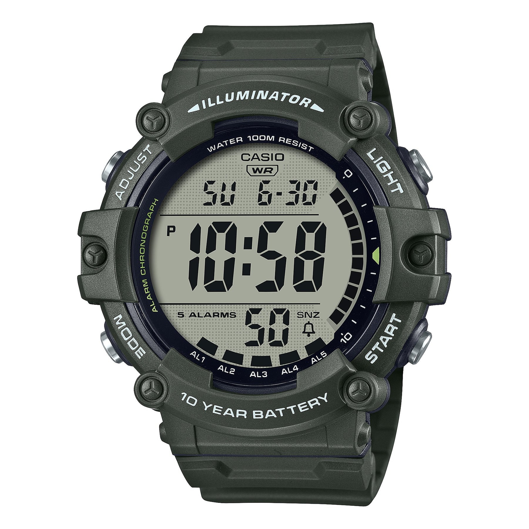 Casio Digital Illuminator Grey Dial Green Resin Band Watch AE1500WHX-3A