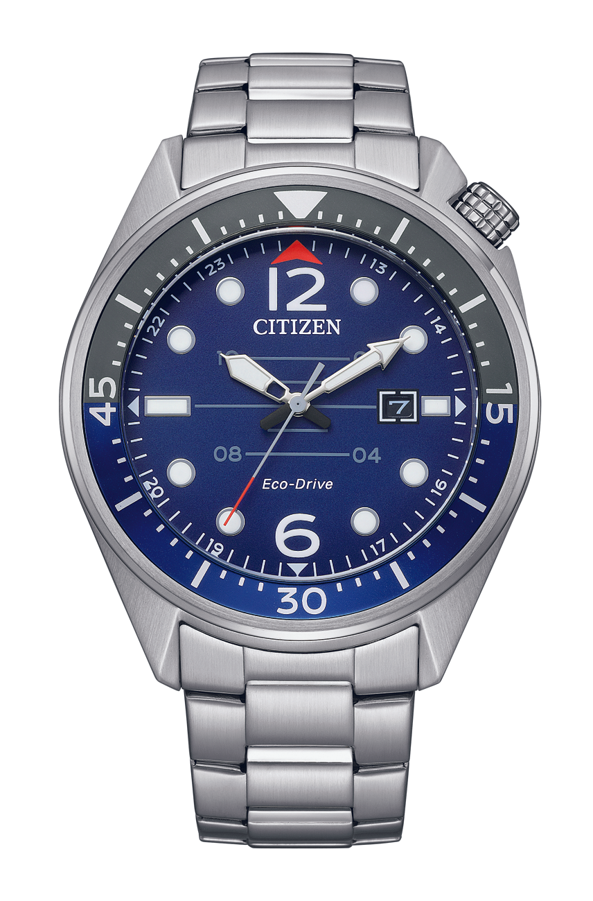 Stainless steel Citizen wristwatch with a blue dial and rotating bezel.