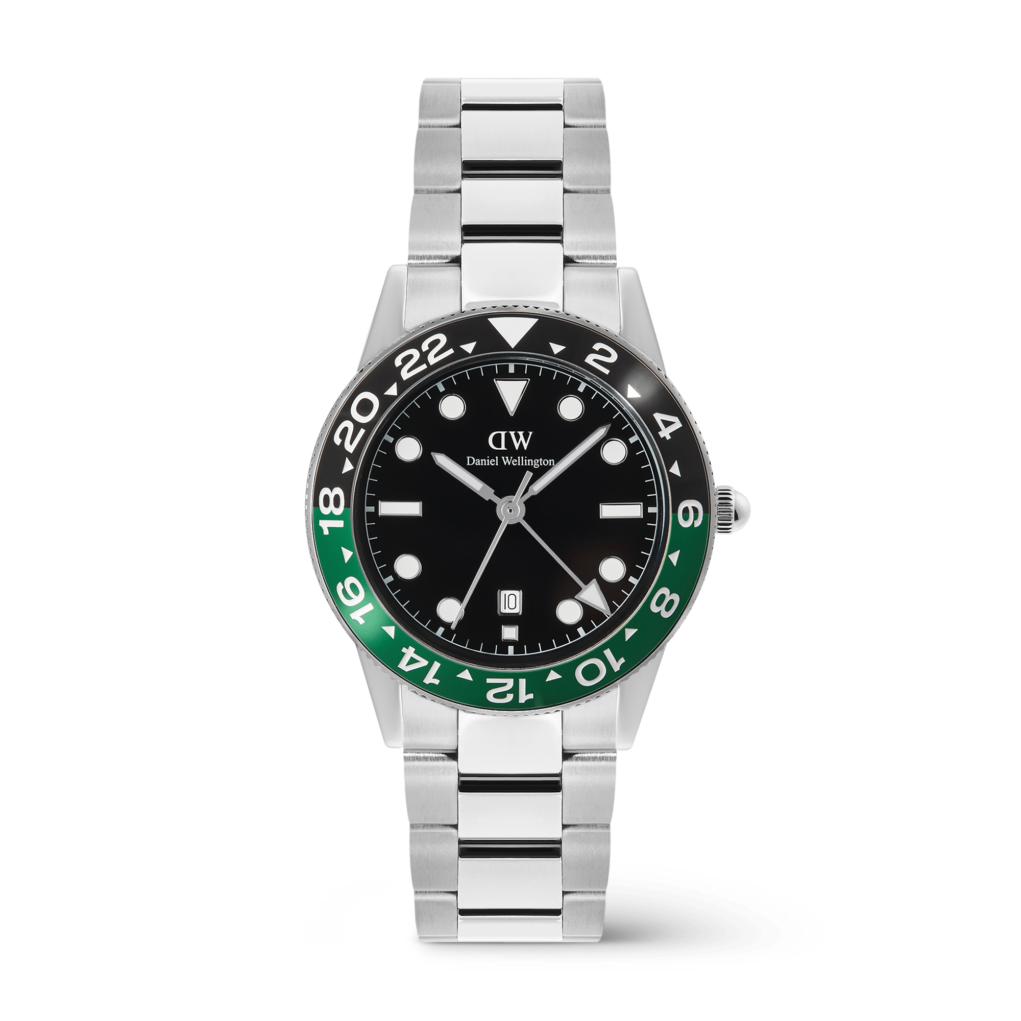 Daniel Wellington Iconic GMT Link Black Green Ceramic Bezel Silver DW00100920