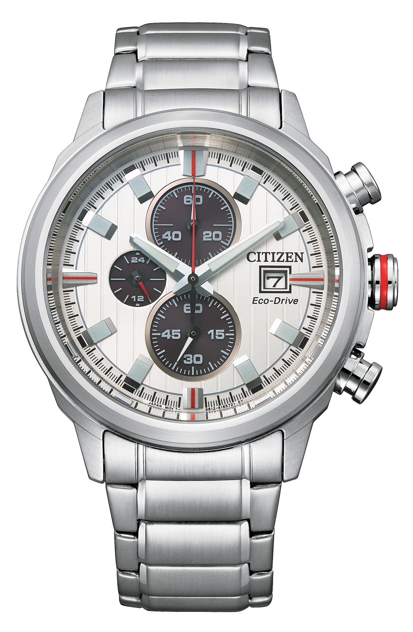 Stainless steel Citizen chronograph wristwatch with a white dial and three subdials.