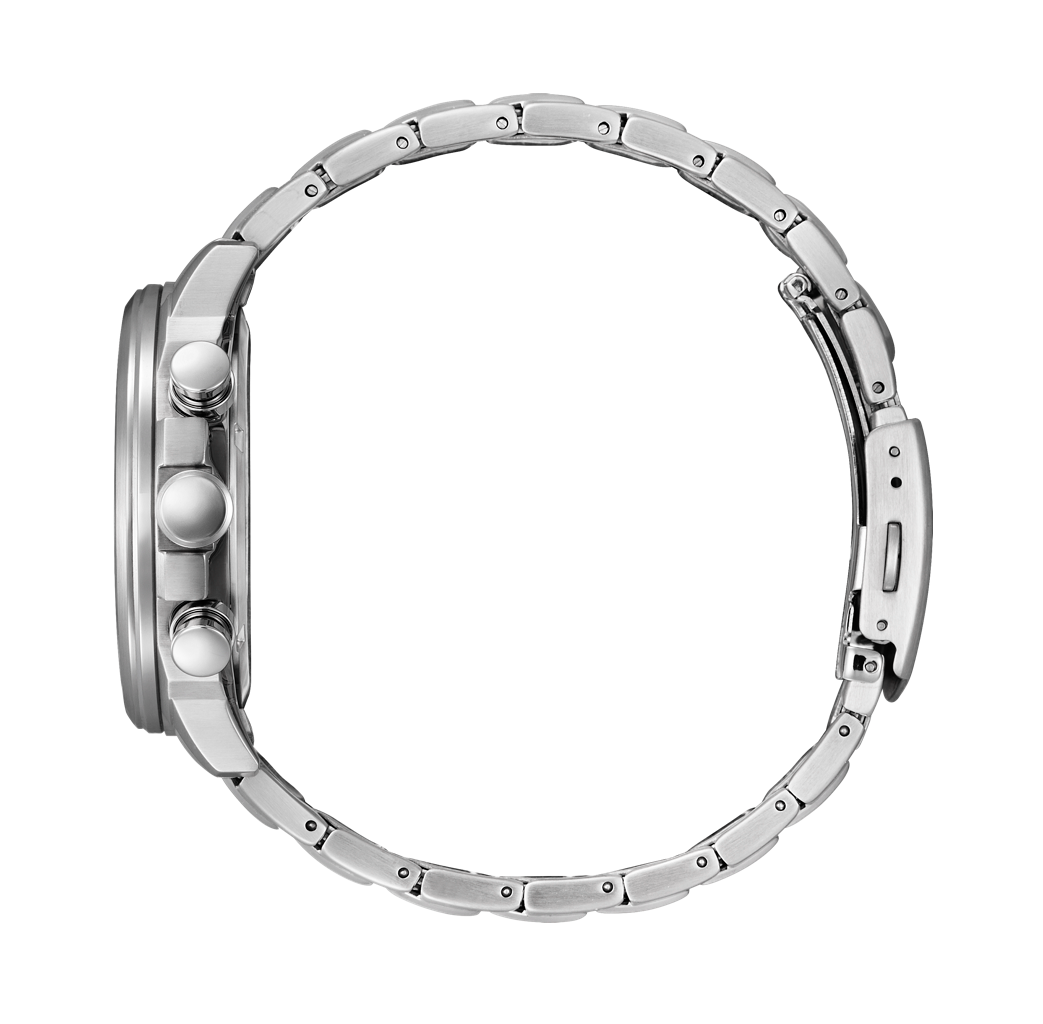 Silver wristwatch with a metal link bracelet and chronograph subdials.