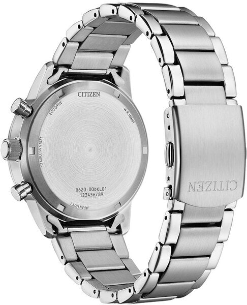 Citizen CA4720-52L blue dial chronograph, perspective view of the dial and stainless steel bracelet