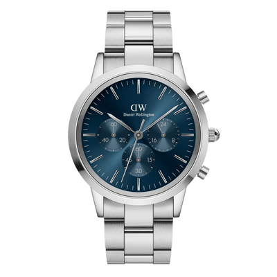 Stainless steel wristwatch with a blue chronograph dial and metal bracelet.