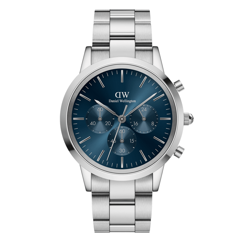 Stainless steel wristwatch with a blue chronograph dial and metal bracelet.