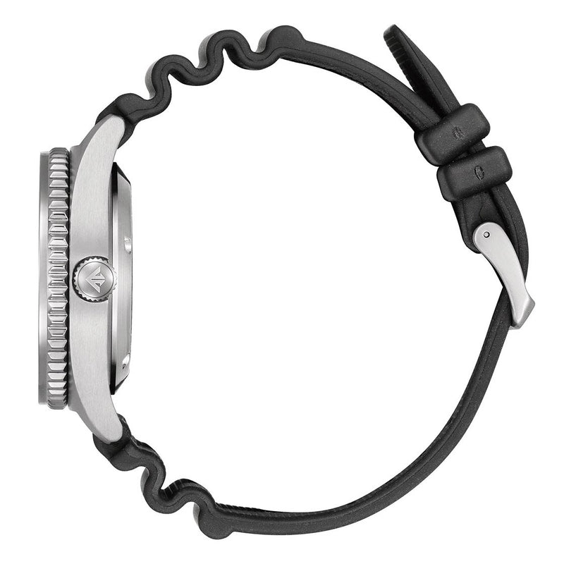 Wristwatch with a black rubber strap and silver-toned case featuring a ridged bezel.