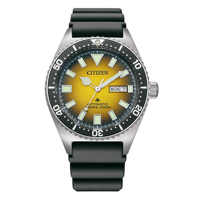 Citizen dive watch with a yellow gradient dial and black rubber strap.