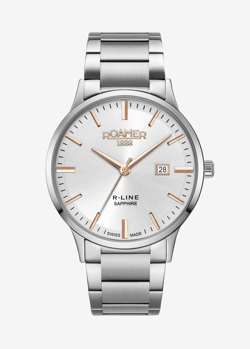 Stainless steel wristwatch with a white dial and rose gold accents.