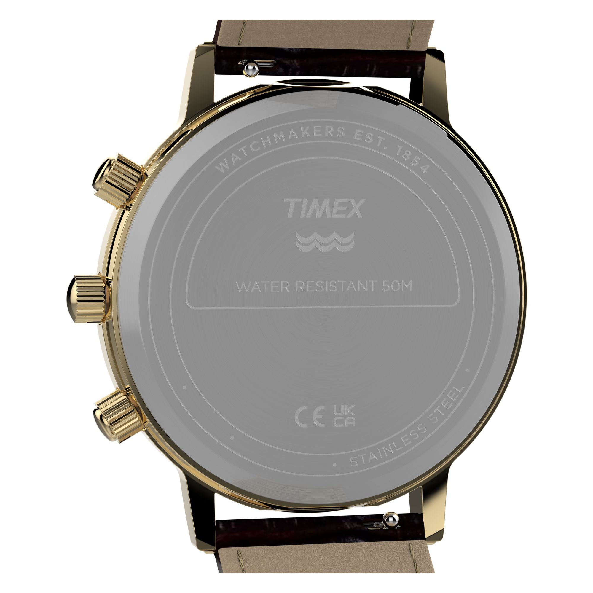 Timex Moon Phase TW2Y99000 white calendar dial with moon phase on a brown leather strap, caseback