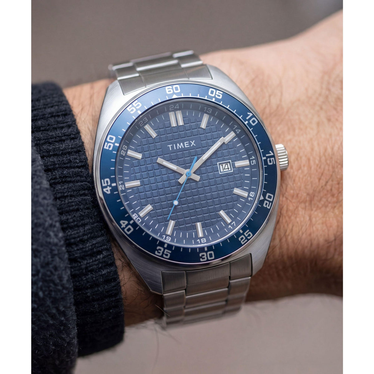 Timex Weston TW2Y88900 textured blue dial on a stainless steel bracelet, worn on the wrist