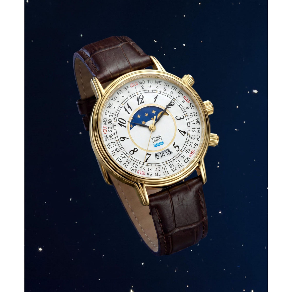 Timex Moon Phase TW2Y99000 white calendar dial with moon phase on a brown leather strap, styled detail
