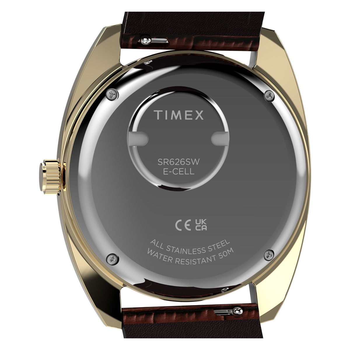 Timex 1978 Day Date TW2Y87200 brown gradient dial on a brown leather strap, caseback