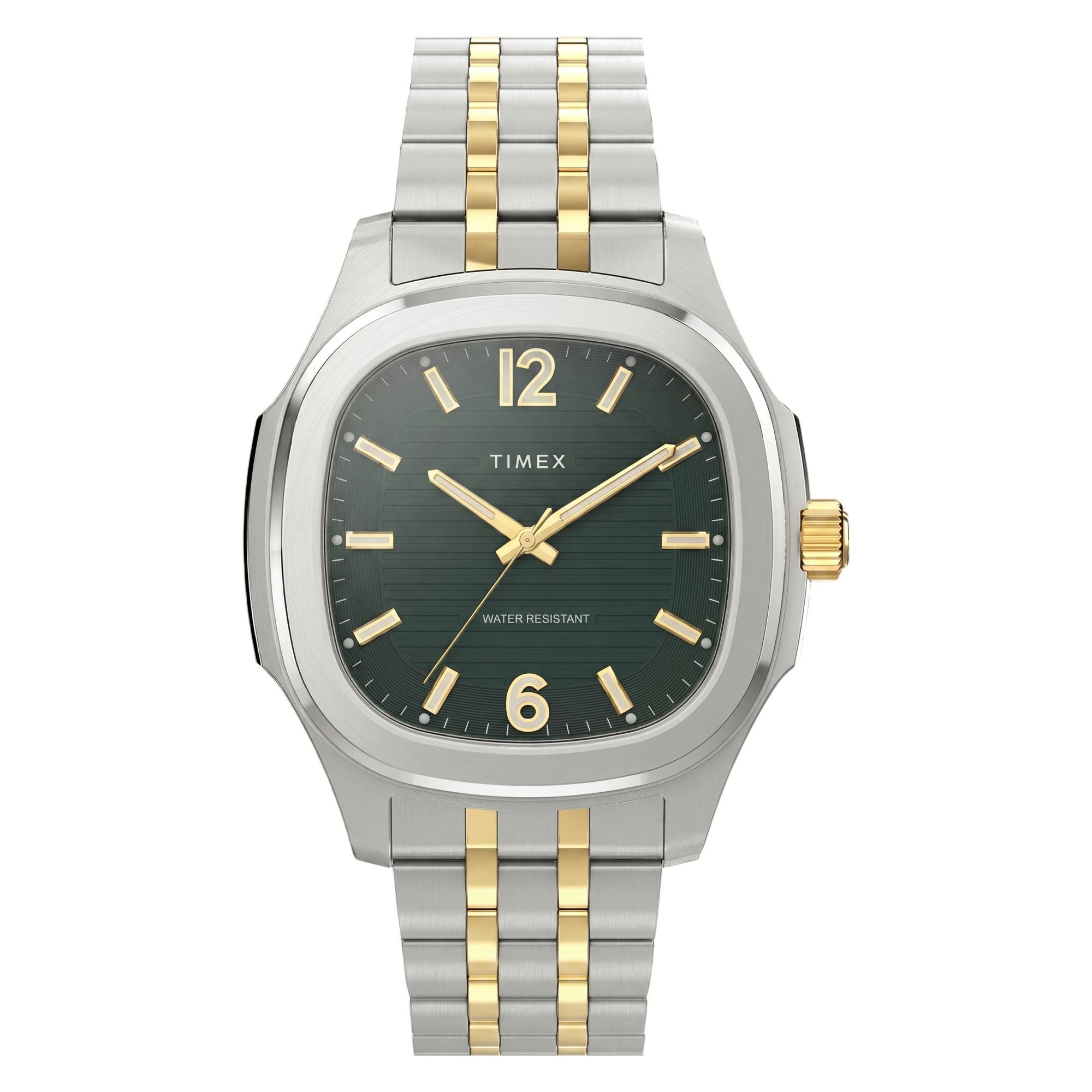 Timex TW2Y91400 green ribbed dial on a two-tone bracelet, front-on