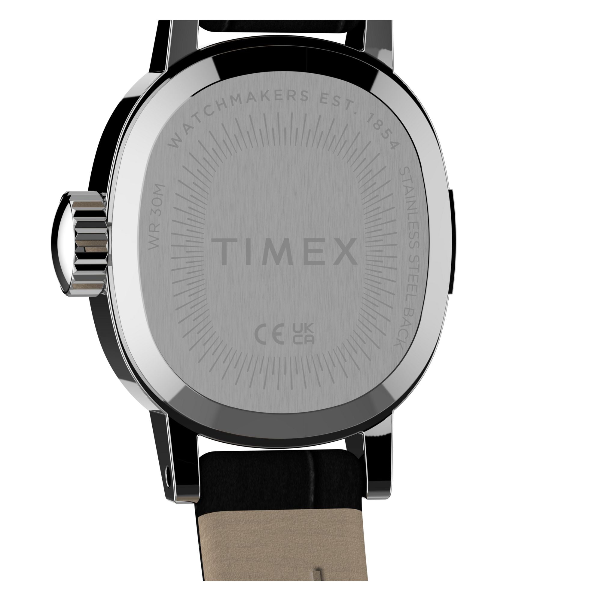 Timex Cavatina Mini TW2Y87800 white dial on a black leather strap, caseback