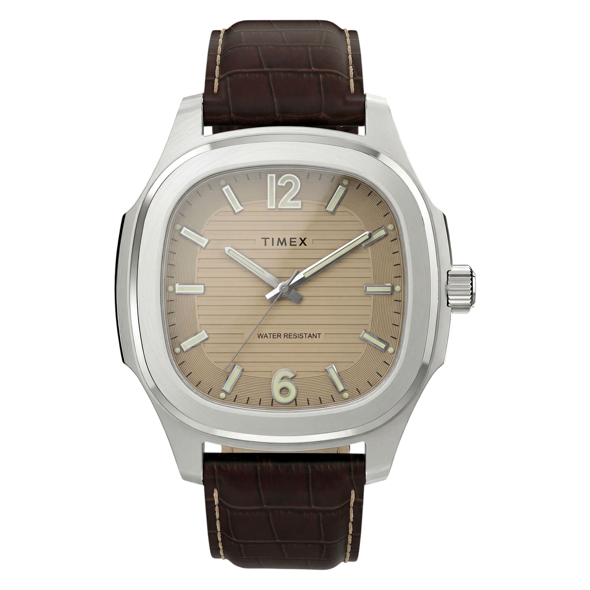 Timex TW2Y91600 khaki ribbed dial on a brown leather strap, front-on