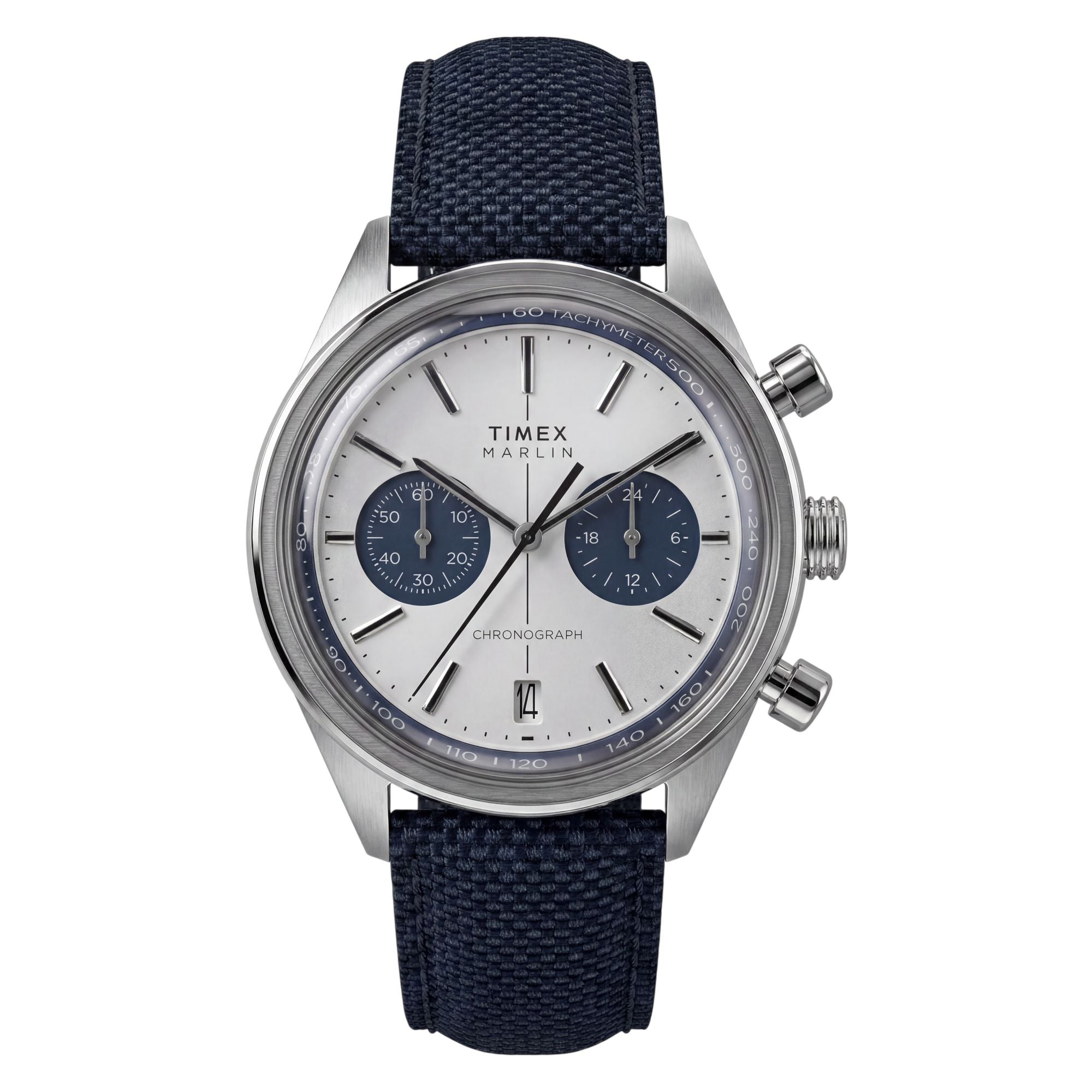 Timex Marlin Jet Chronograph TW2Y89900 silver sunray dial on a navy woven strap, front-on