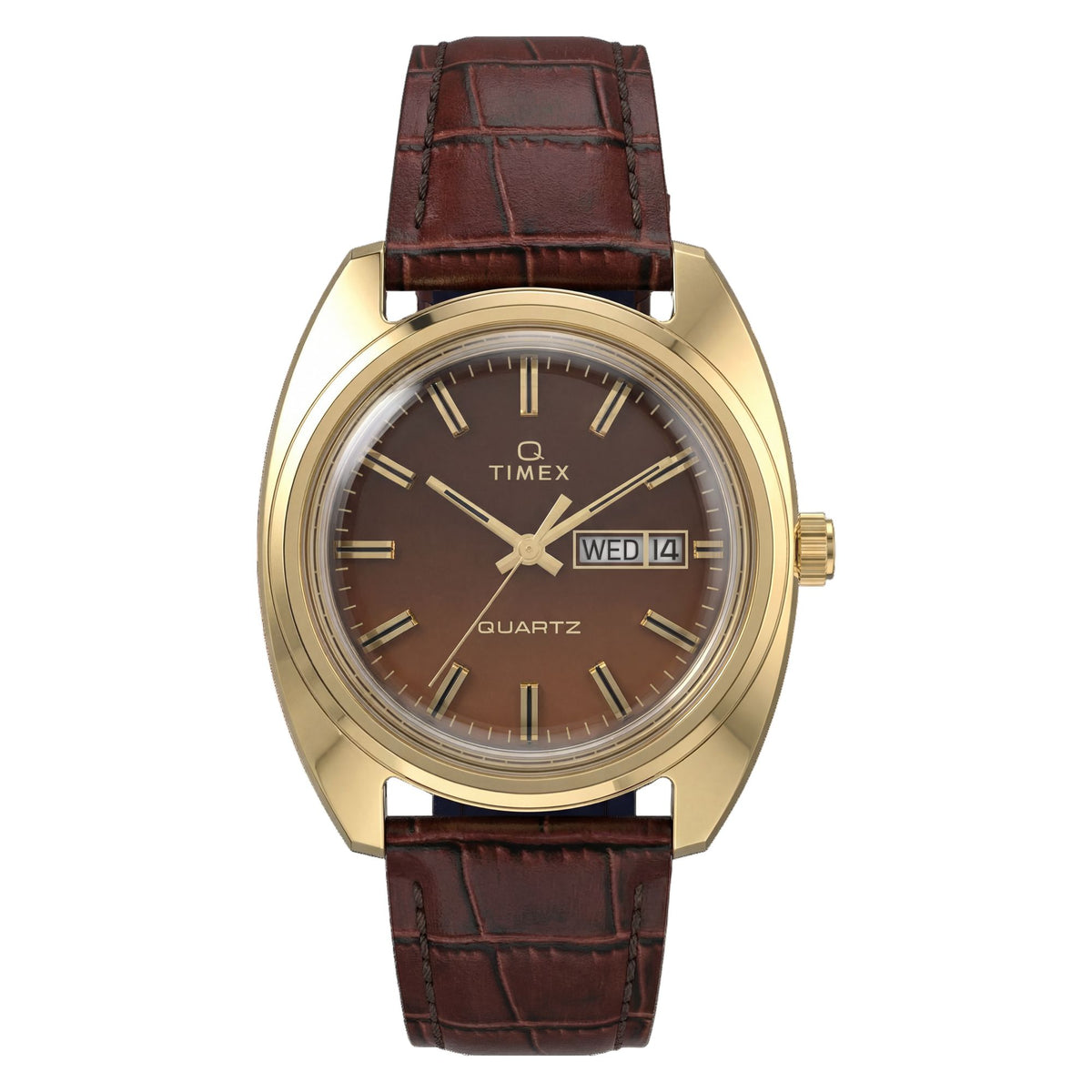 Timex 1978 Day Date TW2Y87200 brown gradient dial on a brown leather strap, front-on