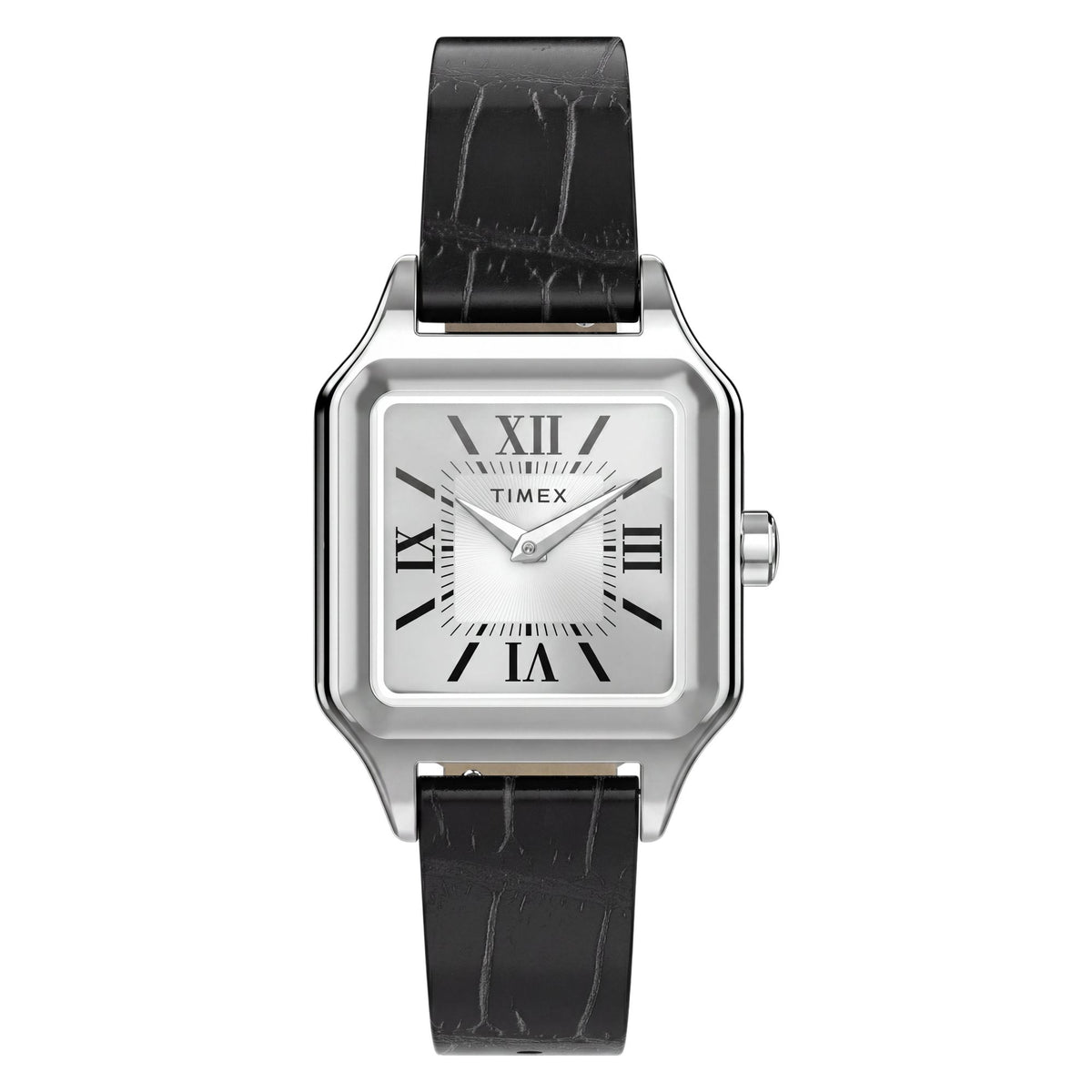Timex Addison TW2Y90600 silver dial with Roman numerals on a black leather strap, front-on
