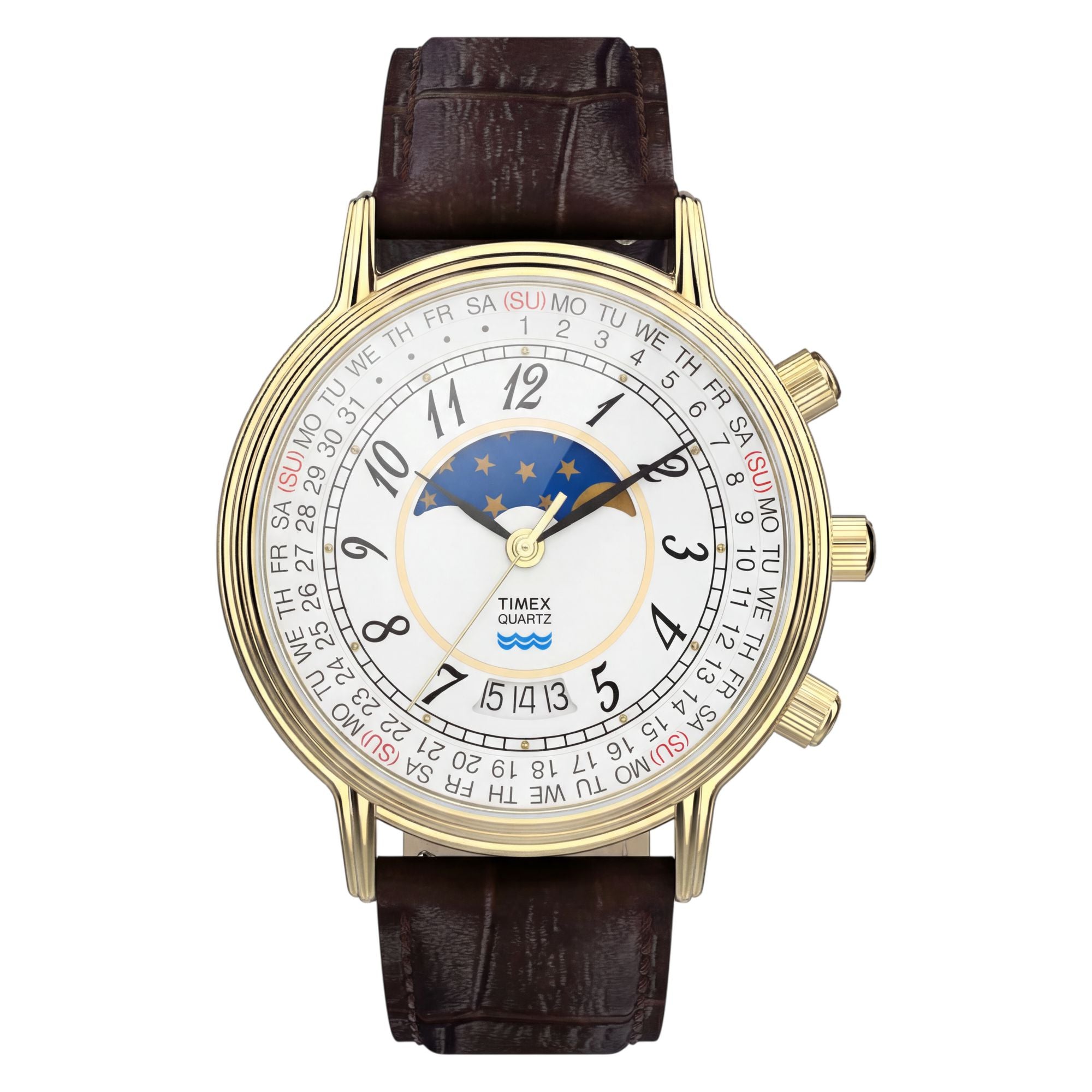 Timex Moon Phase TW2Y99000 white calendar dial with moon phase on a brown leather strap, front-on