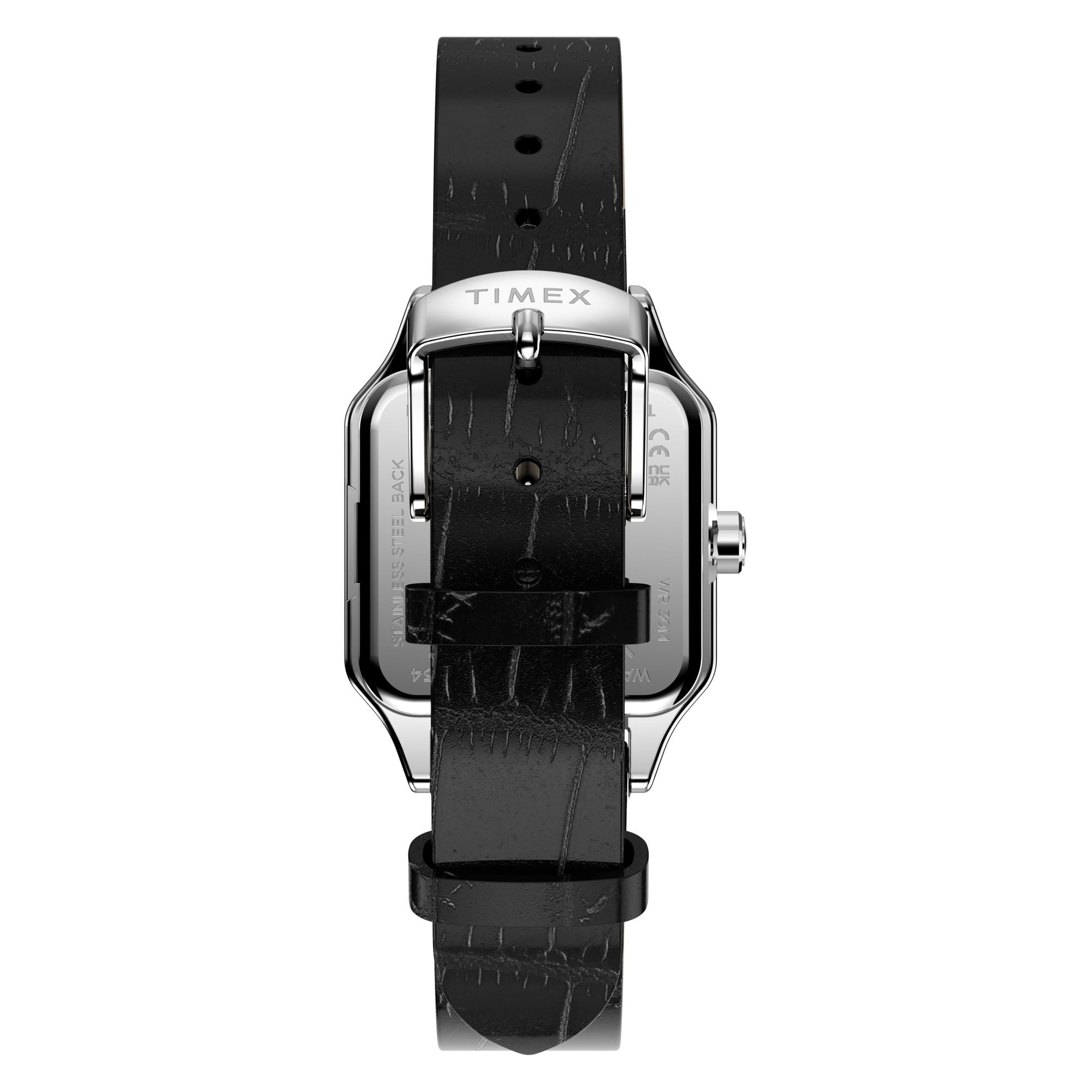 Timex Addison TW2Y90600 silver dial with Roman numerals on a black leather strap, rear flat-lay with strap