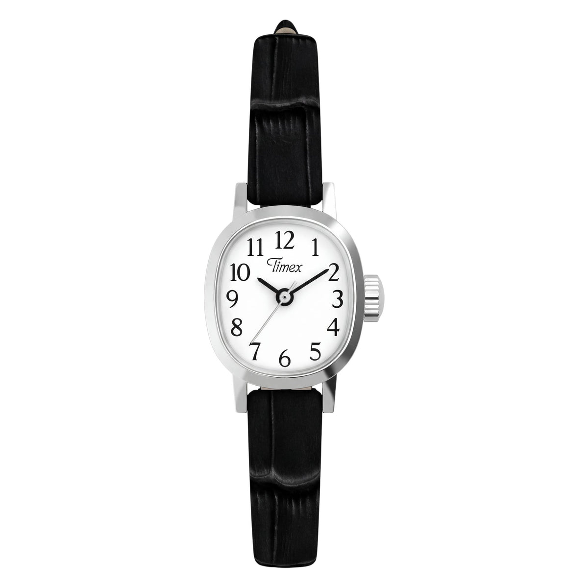 Timex Cavatina Mini TW2Y87800 white dial on a black leather strap, front-on