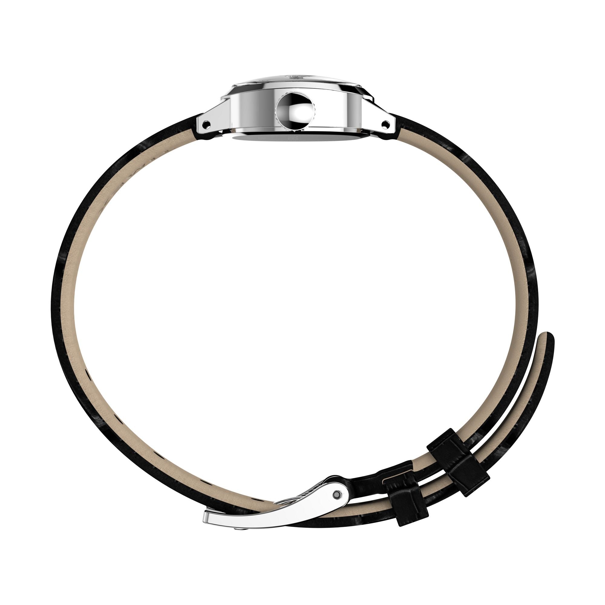 Timex Cavatina Mini TW2Y87800 white dial on a black leather strap, case profile