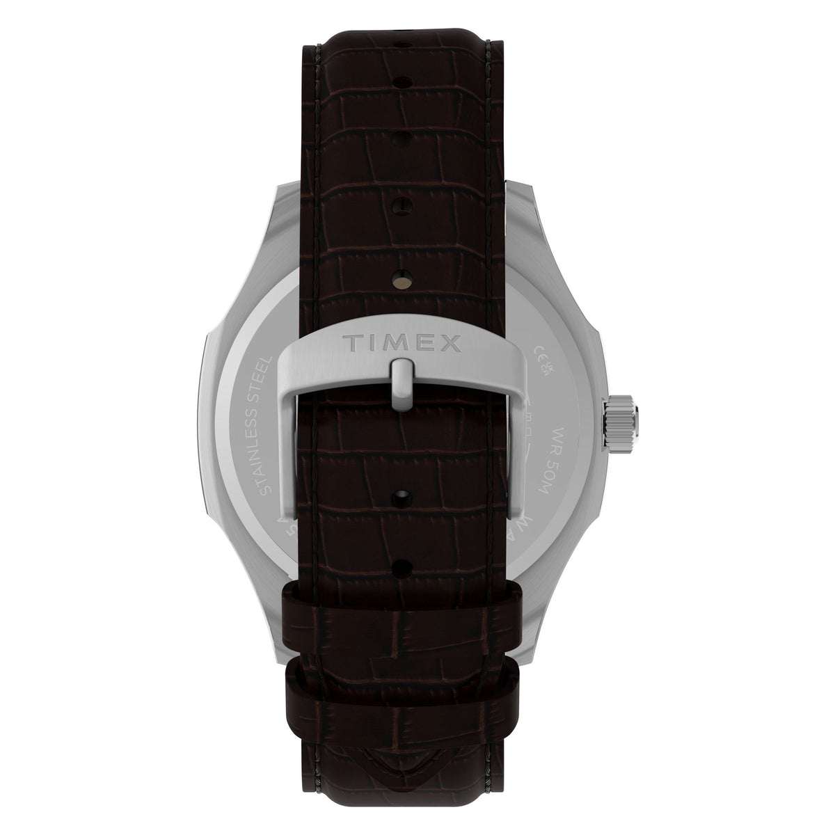 Timex TW2Y91600 khaki ribbed dial on a brown leather strap, rear flat-lay with strap