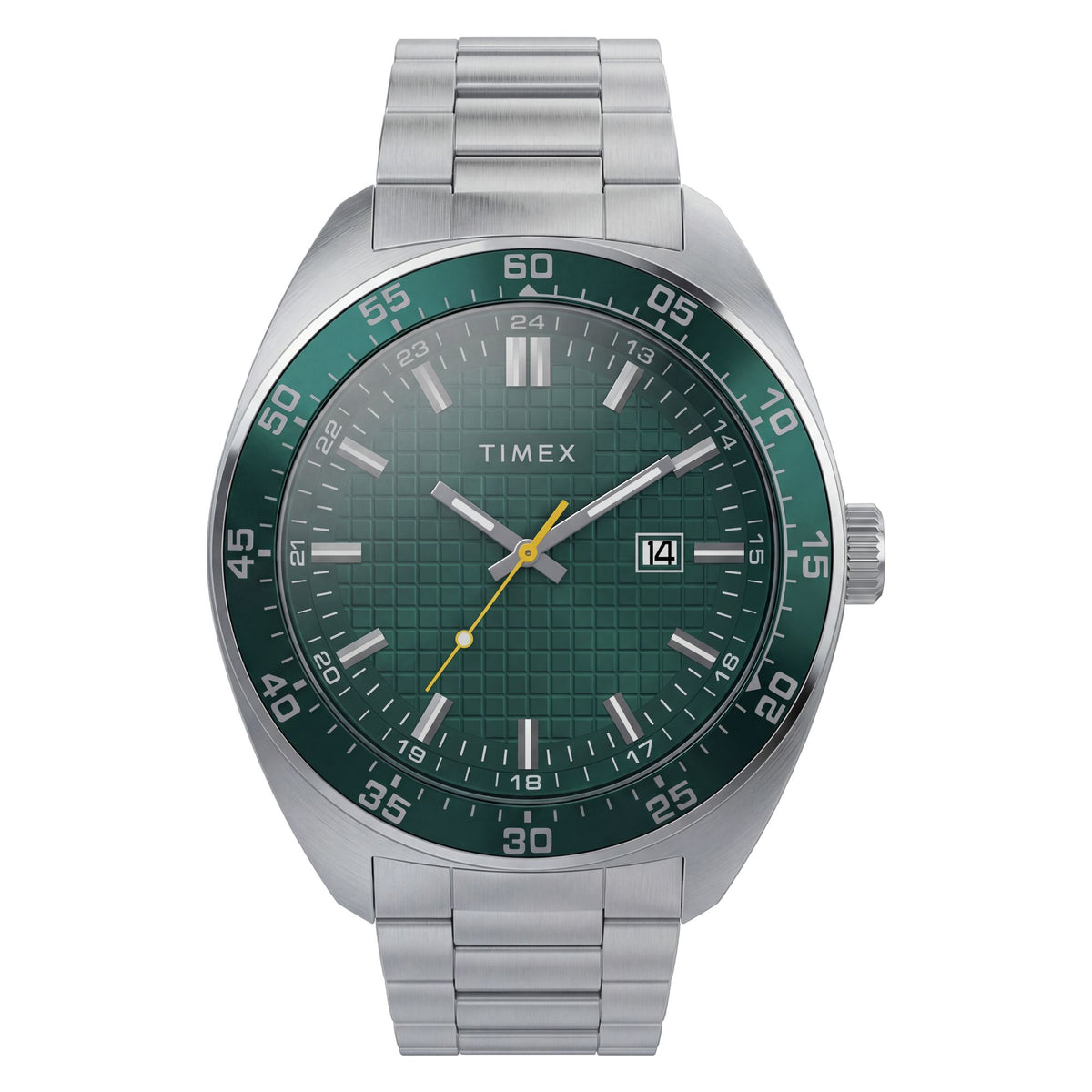 Timex Weston TW2Y89000 textured green dial on a stainless steel bracelet, front-on