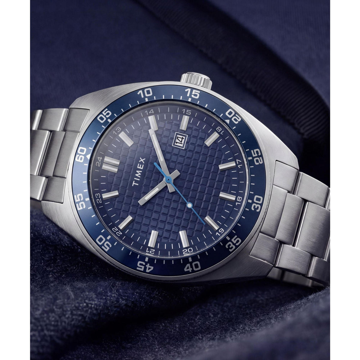 Timex Weston TW2Y88900 textured blue dial on a stainless steel bracelet, styled detail