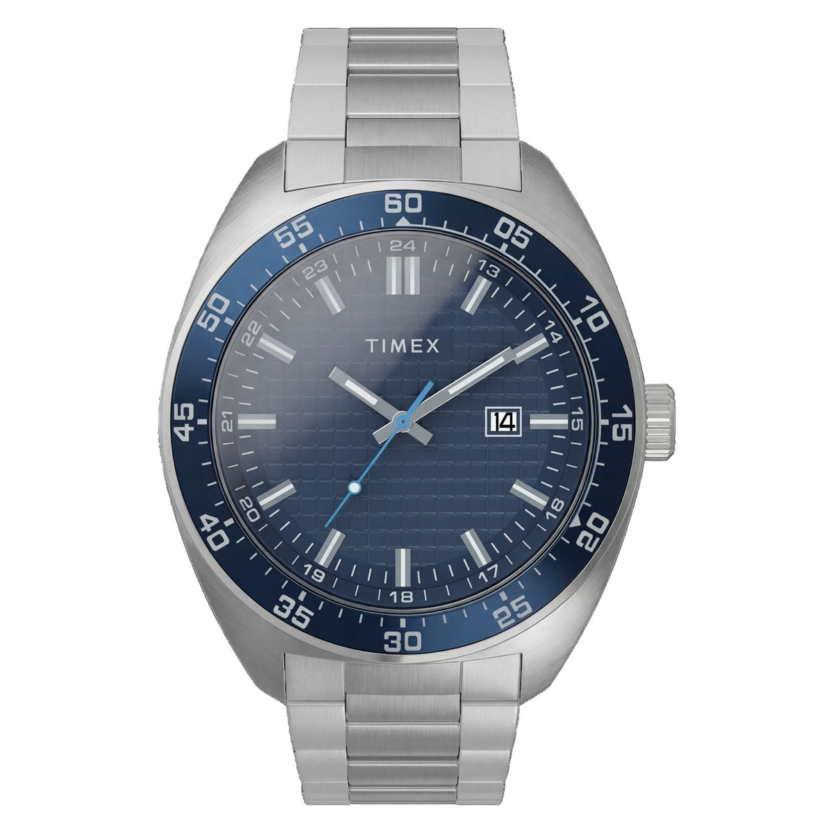 Timex Weston TW2Y88900 textured blue dial on a stainless steel bracelet, front-on