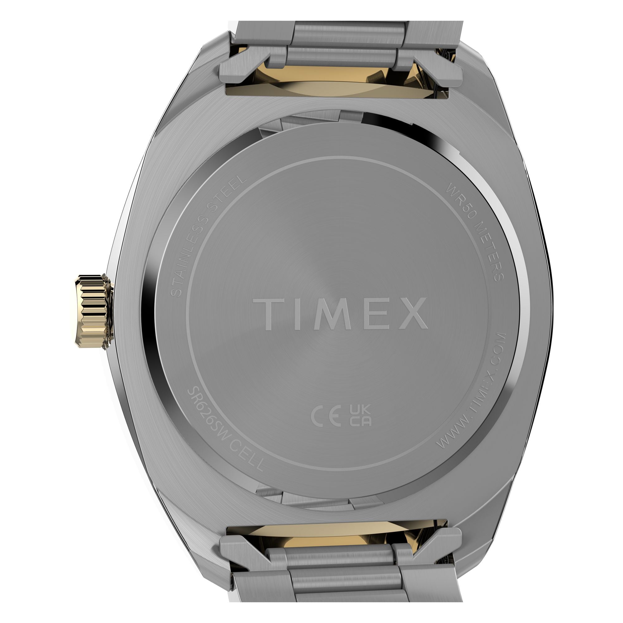 Timex Weston TW2Y89100 textured black dial on a two-tone bracelet, caseback