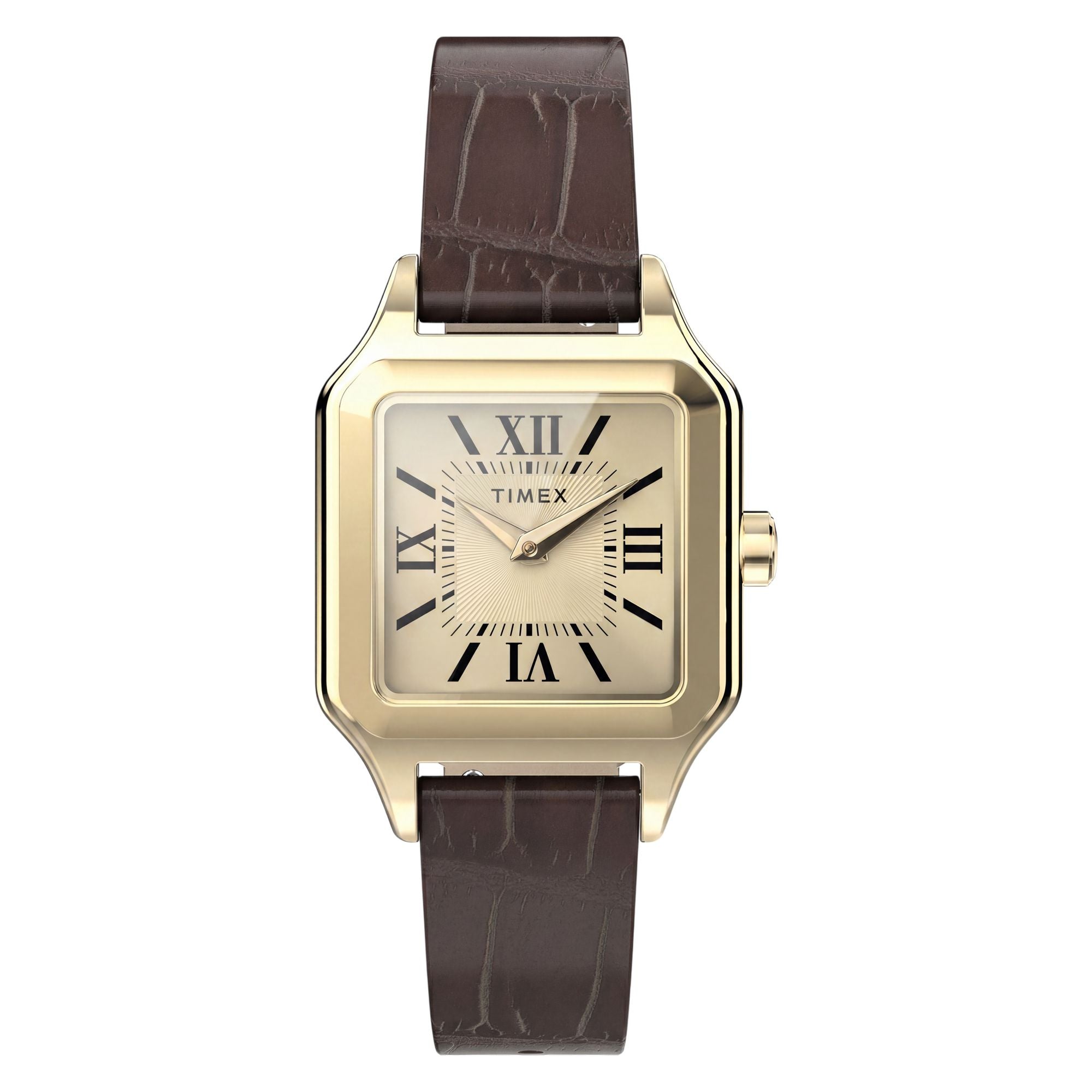 Timex Addison TW2Y90700 champagne dial with Roman numerals on a brown leather strap, front-on