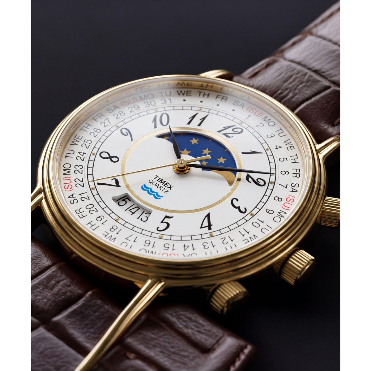 Timex Moon Phase TW2Y99000 white calendar dial with moon phase on a brown leather strap, dial close-up