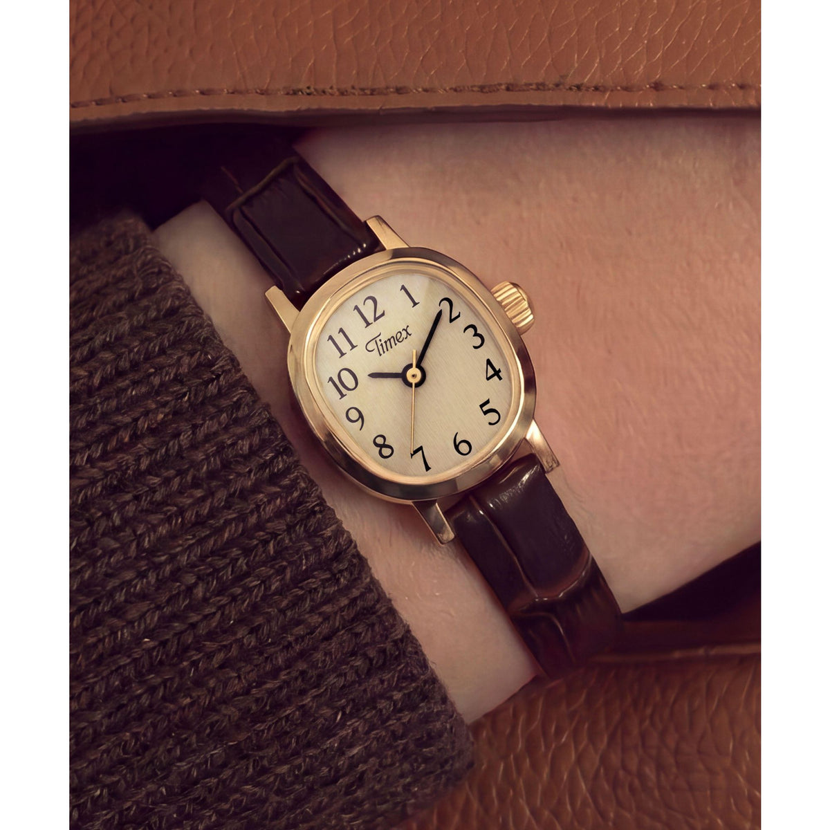 Timex Cavatina Mini TW2Y87700 champagne dial on a brown leather strap, worn on the wrist