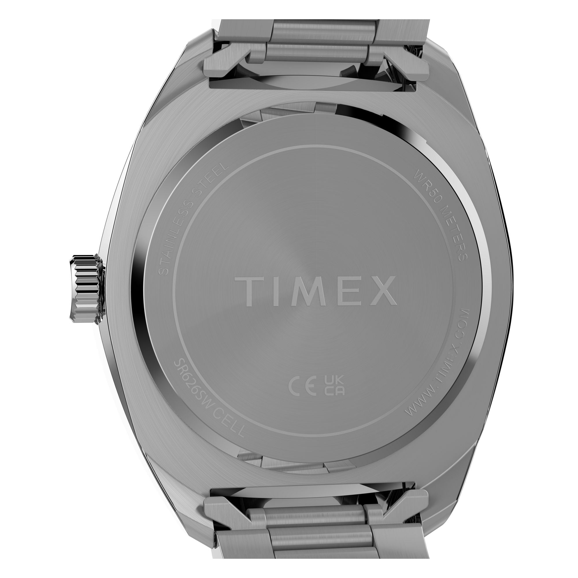 Timex Weston TW2Y88900 textured blue dial on a stainless steel bracelet, caseback