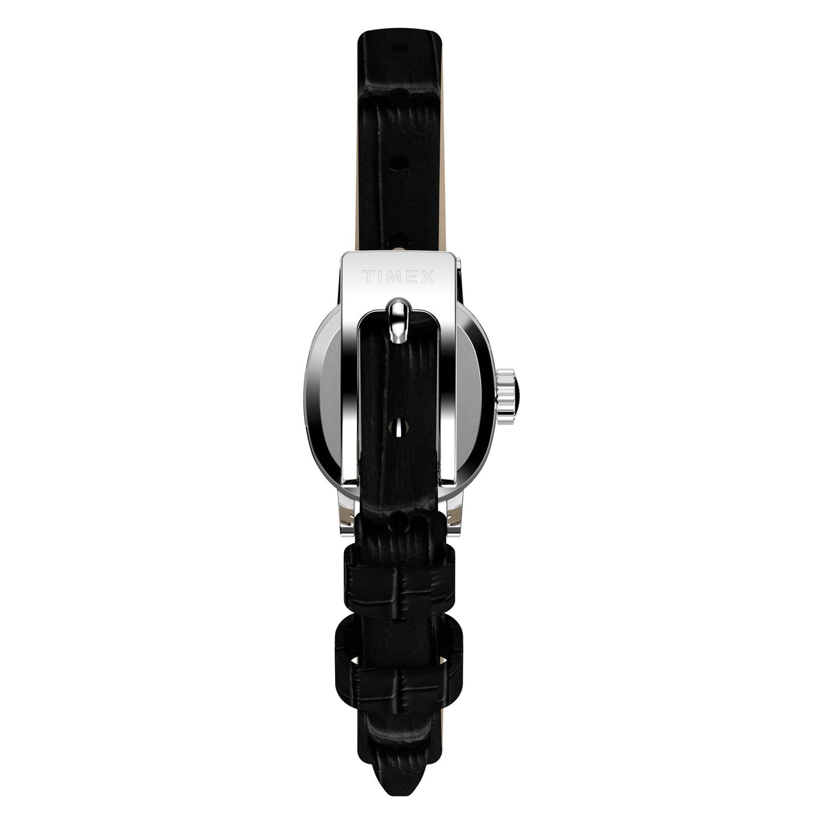 Timex Cavatina Mini TW2Y87800 white dial on a black leather strap, rear flat-lay with strap