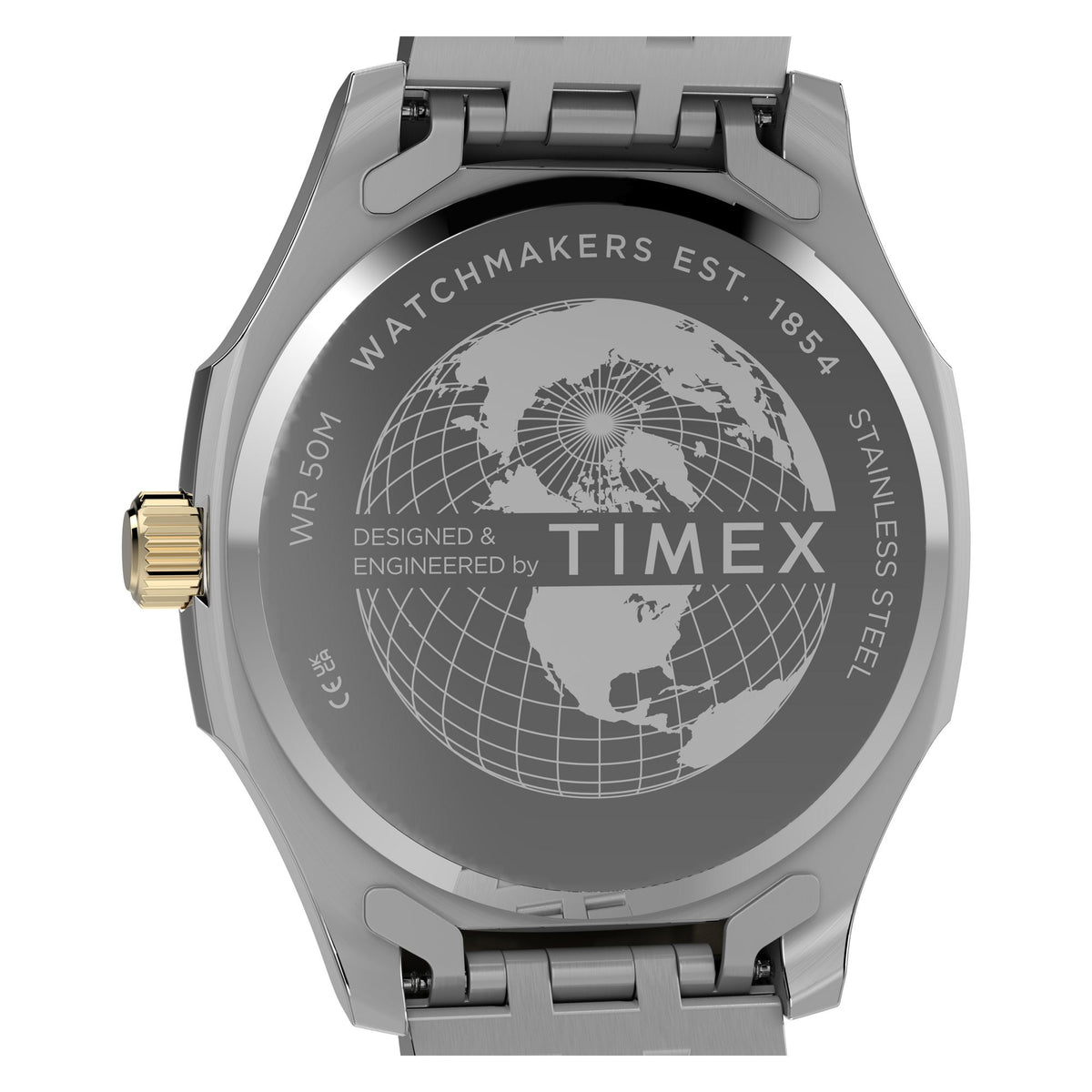 Timex TW2Y91400 green ribbed dial on a two-tone bracelet, caseback