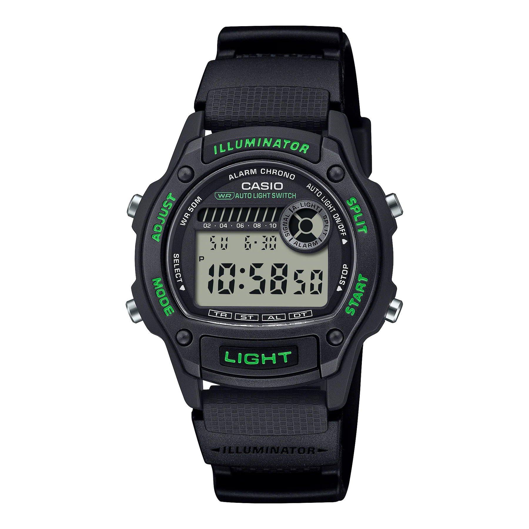 Casio Digital Mid Sized Watch Black Rubber Band Green Accents W220H-1A3