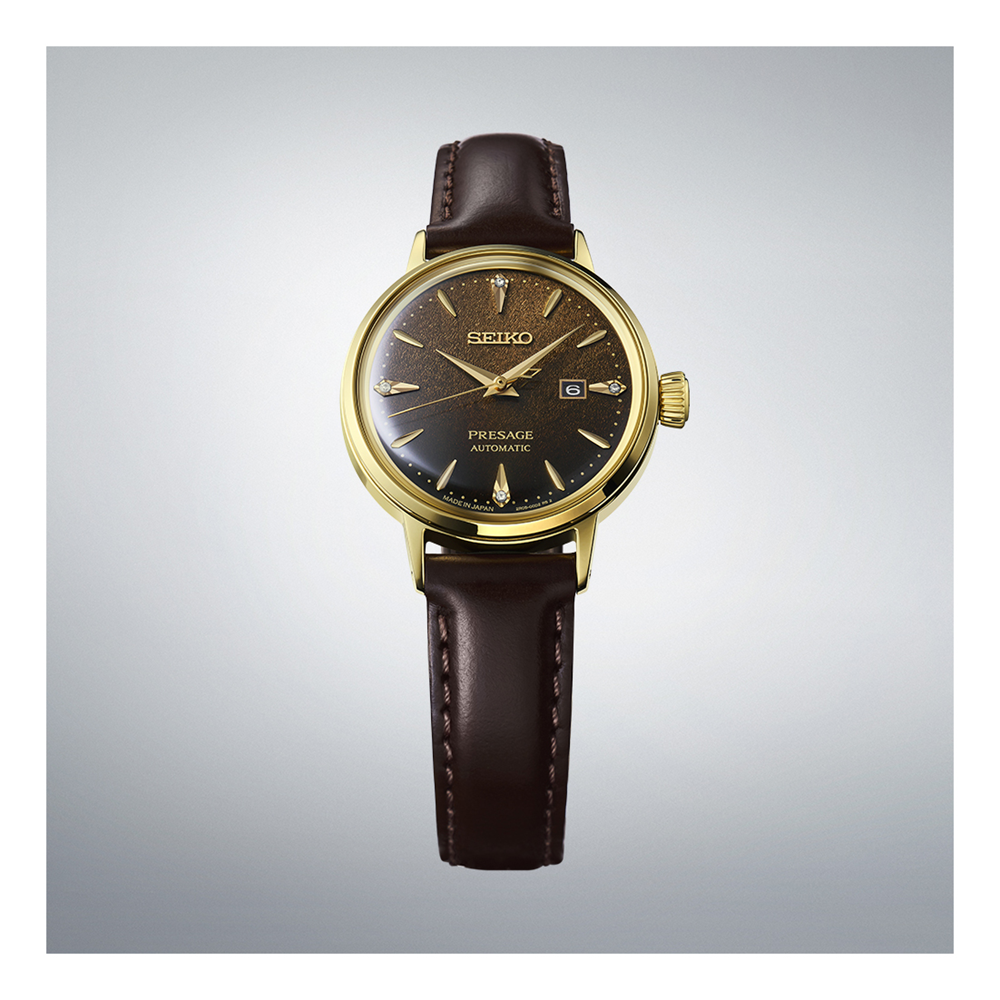 Seiko Presage Cocktail Time 'Jamaican Coffee' Brown Dial Gold Case Watch Diamonds SRE020J