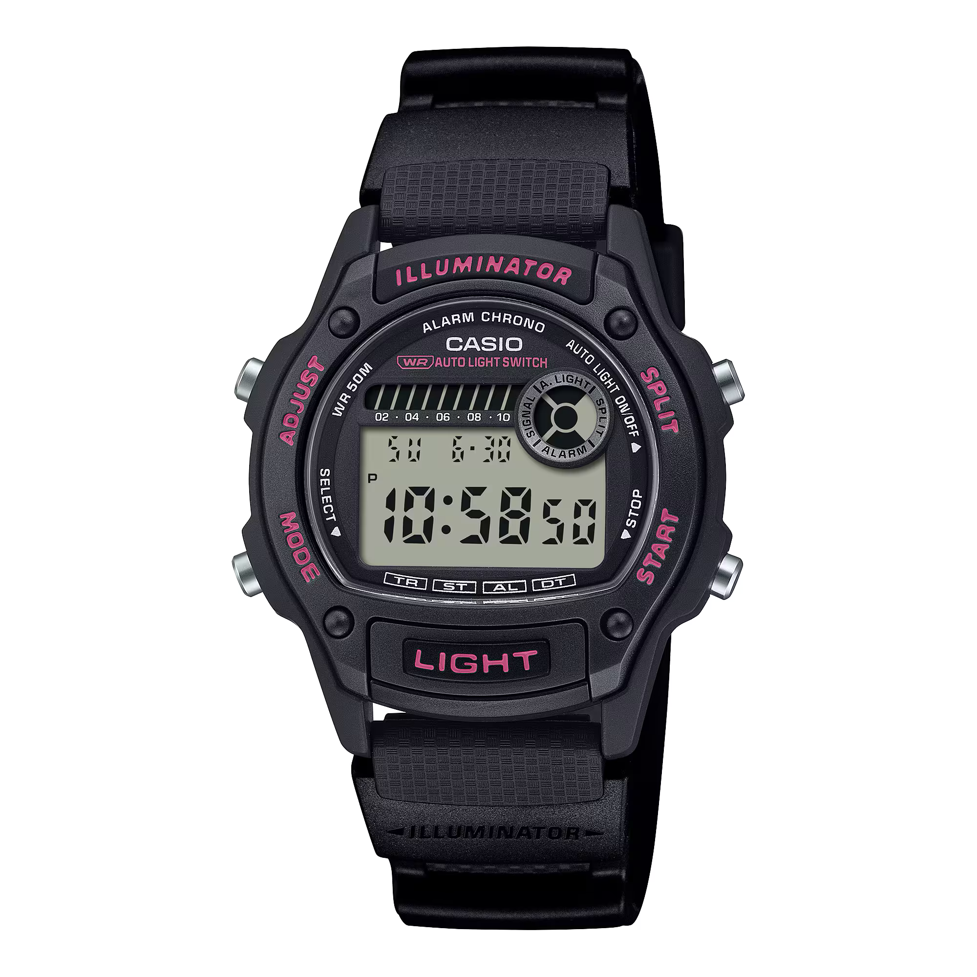 Casio Digital Mid Sized Watch Black Rubber Band Pink Accents W220H-1A2