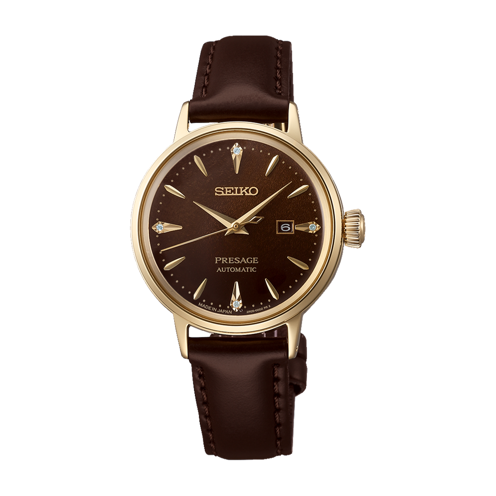 Seiko Presage Cocktail Time 'Jamaican Coffee' Brown Dial Gold Case Watch Diamonds SRE020J