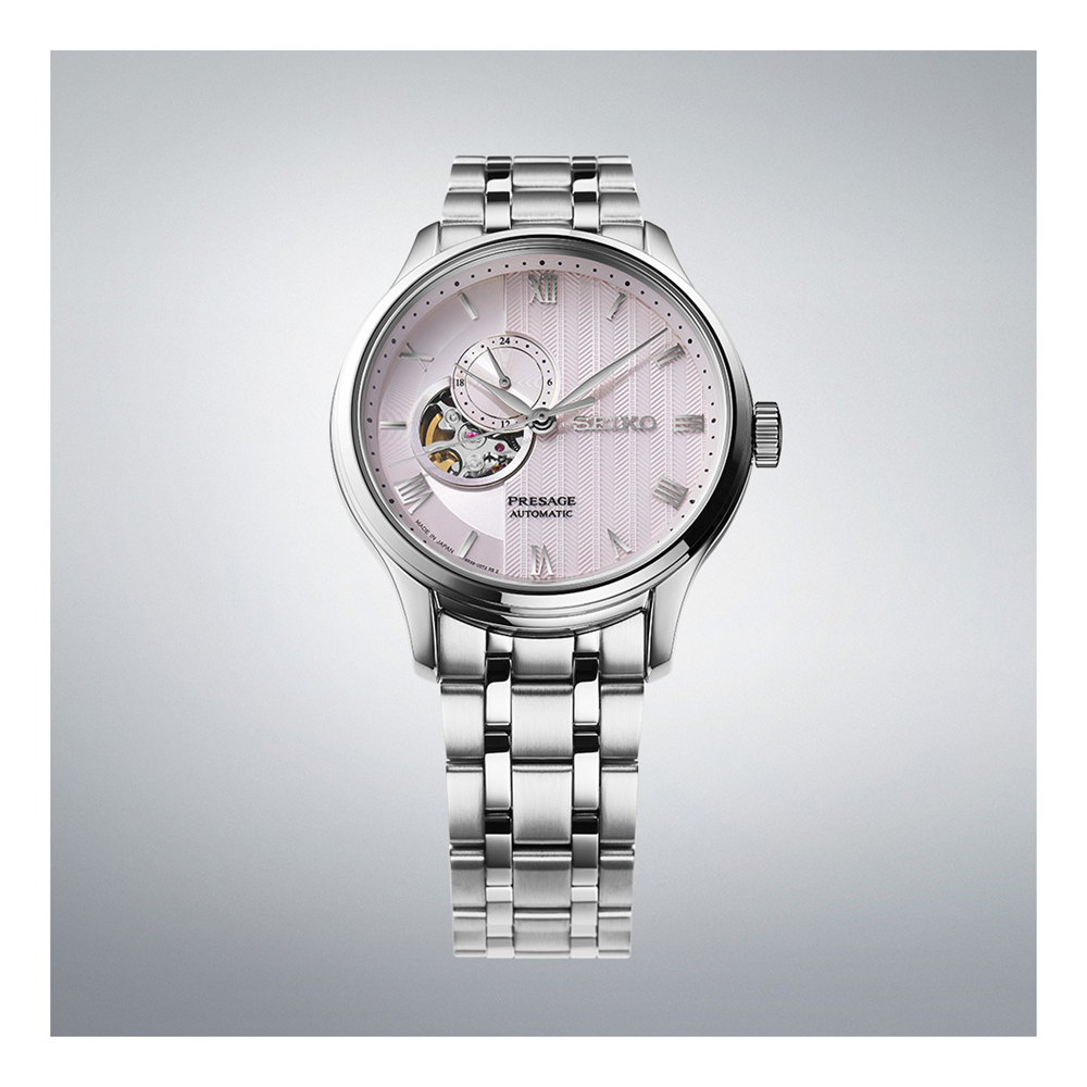 Seiko Presage Pink Dial Elegant Japanese Garden Open Heart Watch SSA465J