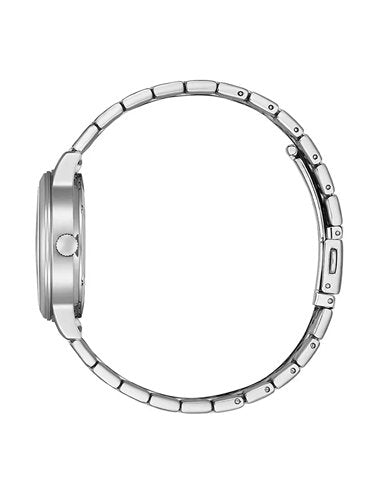 Citizen EW2621-59A white dial ladies watch, angled three-quarter view showing case profile and steel bracelet