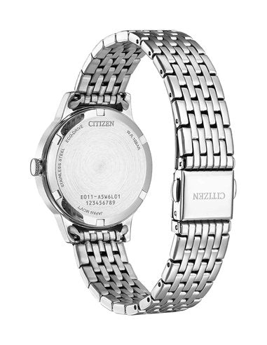 Citizen EW2621-59A white dial ladies watch, product angle showing bracelet and clasp