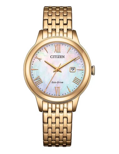 Citizen EW2623-53D Lady Dress Eco-Drive white mother-of-pearl dial, front product shot with rose gold-tone case and bracelet