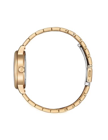 Citizen EW2623-53D mother-of-pearl dial ladies watch, angled three-quarter view showing case profile and rose gold-tone bracelet