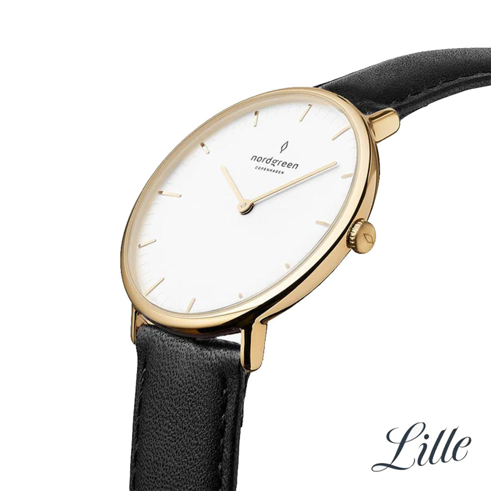 Nordgreen Native 40mm Yellow Gold Case Black Leather Watch